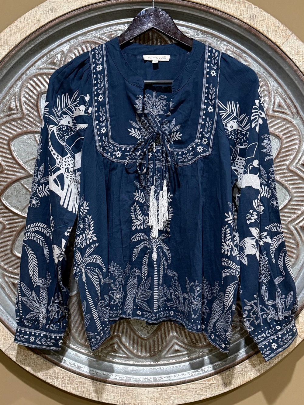 Navy & White Bohemian Boho Peasant Blouse with Tie Beaded Neck & Abalone Button - Picture 3 of 9